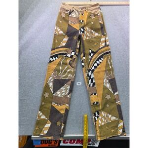 Machine Geometric Star Heart Print High Waisted Straight Leg Jeans Brown Yellow